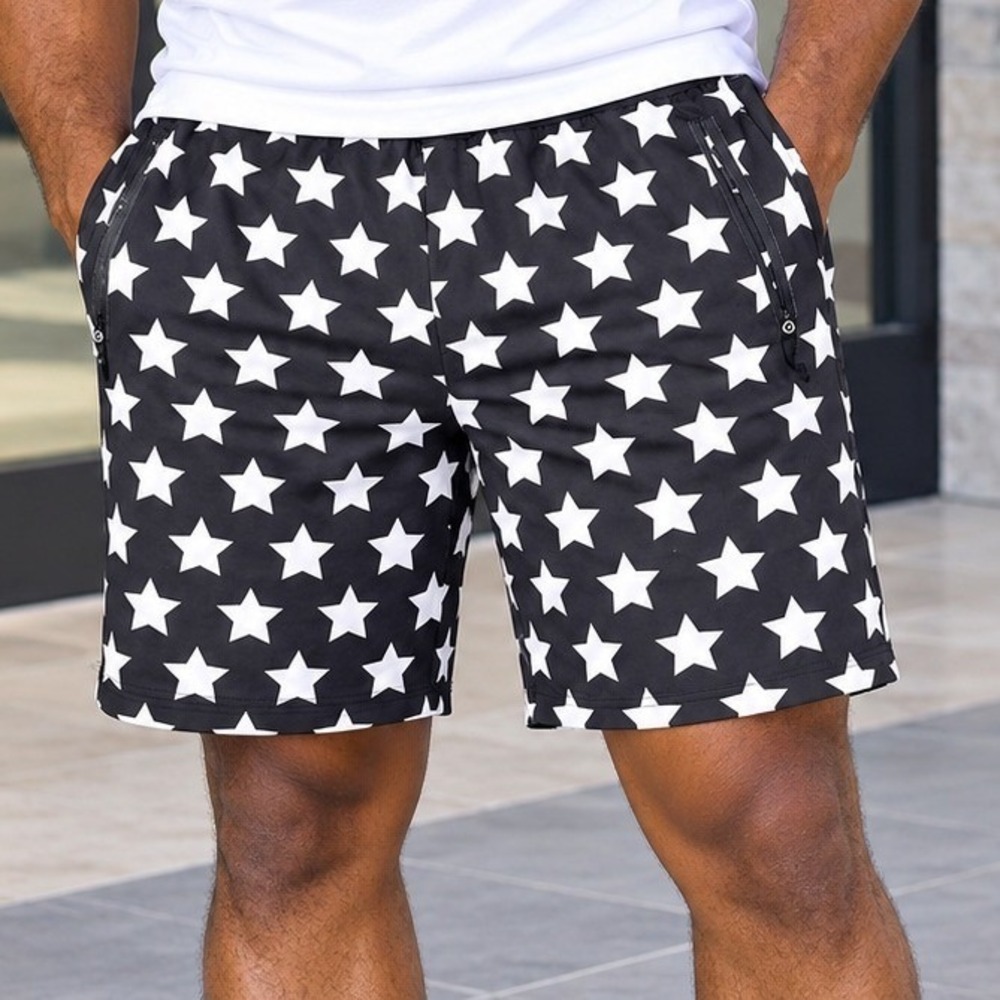 G-NET Mens Black White Star Print Zipper Pocket Casual Shorts 4XL NEW